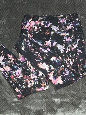 RBX Black Leggings with Pink Purple and Teal Floral Wash